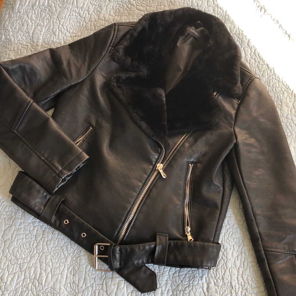 Faux leather biker jacket with faux fur trim